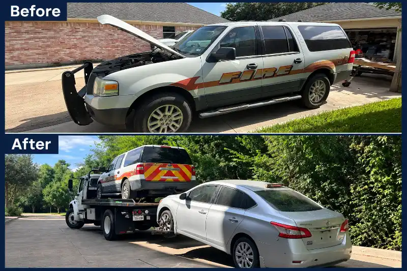 White Ford SUV with hood open, then on a flatbed towing a silver Nissan sedan.